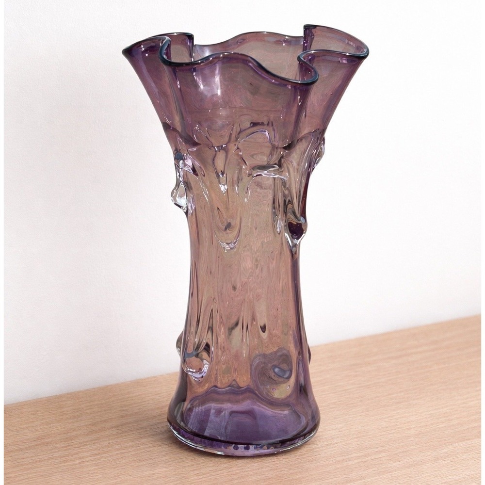Vintage Purple Art Glass Vase Ruffled Rim Heavy Hand Blown Murano Style MCM 13"